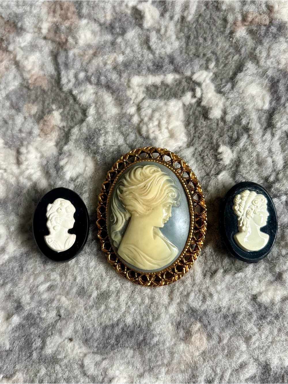 Vintage-Style Ivory Cameo Brooch Set of 3- Gold Trim